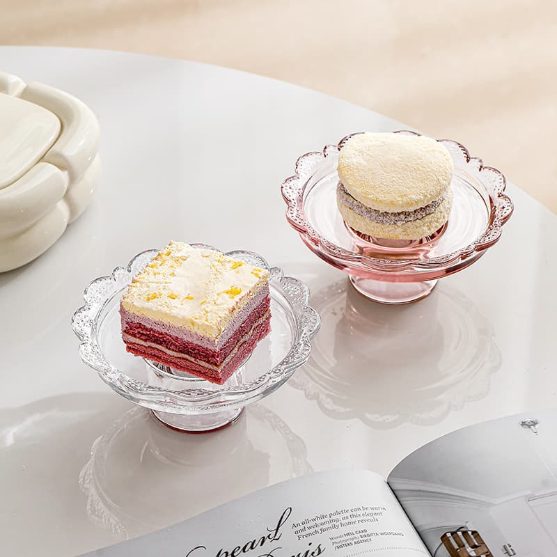 Lvdian Japanese Style Glass Lace Edge High-Foot Cake Plate Dessert Plate Breakfast Plate Fruit Snack Plate Pastry Dish Dinner Plate