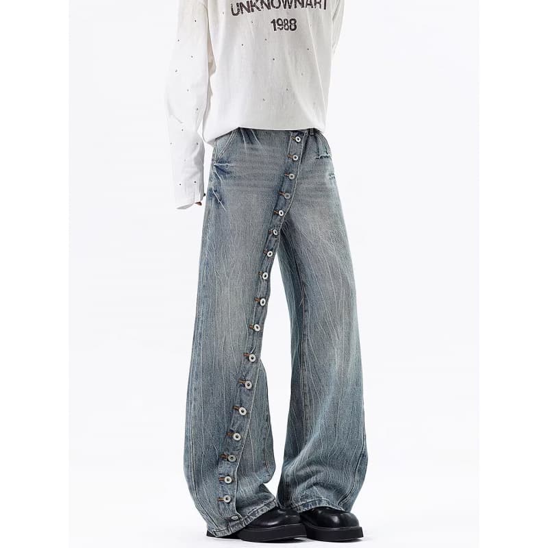 Jiu'an Stylish Versatile Washed Vintage Asymmetric Button Trendy Curved Cut Jeans for Men and Women Long Pants