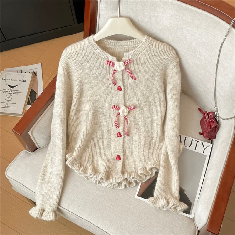 Sweet Korean-Japanese Style Soft Slimming Knit Cardigan Women's Top Round Neck Ruffle Flower Versatile Sweater Coat