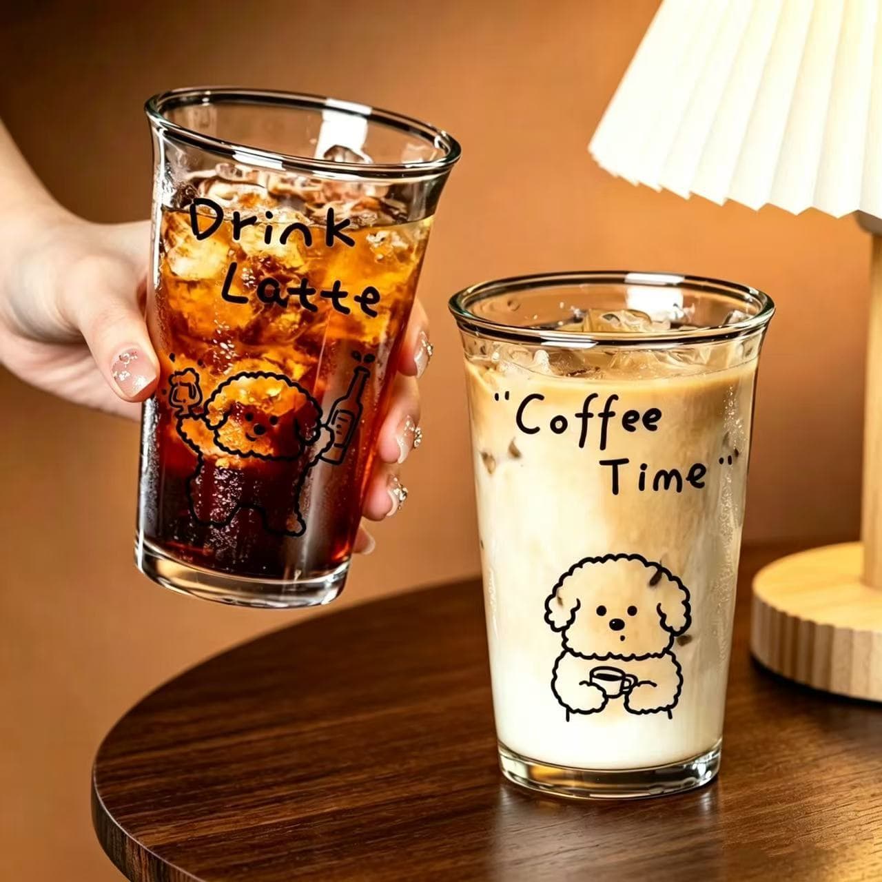 Stylish cartoon glass cup for juice, beverages, ins-style stemmed ice cream cup, home dessert coffee cup