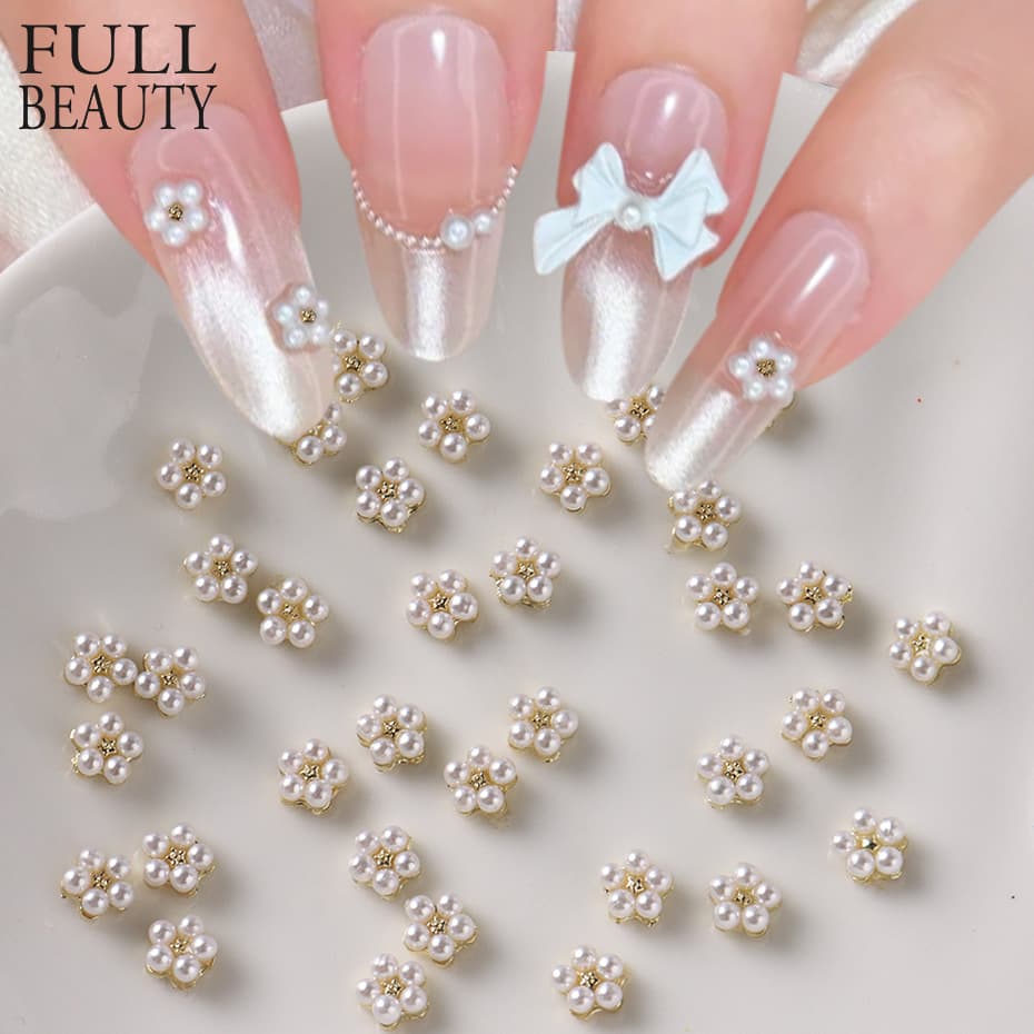 Cross-border New Nail Art Accessories, Chanel-Style Mini Five-Petal Flower Light Luxury Pearl Small Flower 3D Nail Accessories