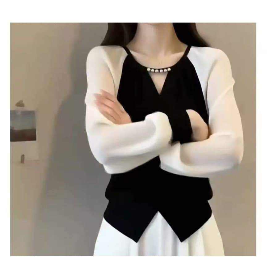 2026 New Chanel Style Structured Shoulder Long Sleeve Shirt Autumn Chiffon Patchwork Top
