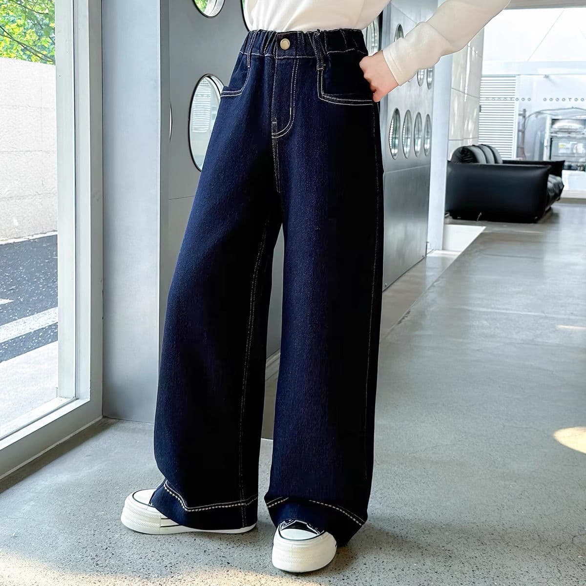 Girls' Pants Autumn Winter 2025 New Fashionable Wide Leg Pants for Older Girls Fleece Lined Long Pants Children's Jeans