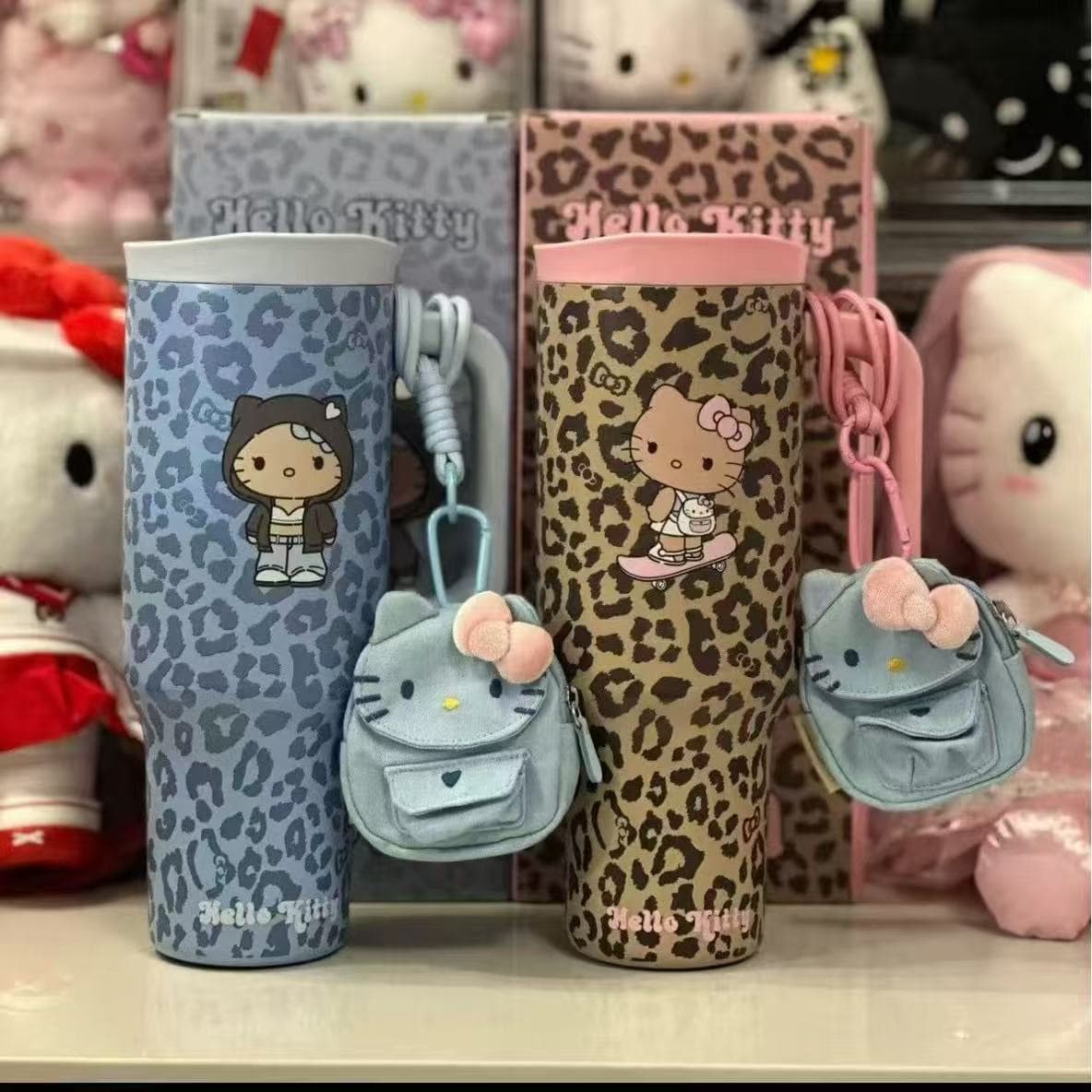 THE BEAST x Ouyang Nana Same Style Black Leopard Print Hello Kitty Giant Insulated Straw Stainless Steel Water Bottle