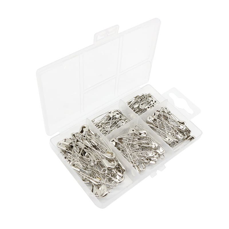 150-piece safety pin set in five-compartment box, nickel-plated metal pins for household use, multi-size fixing small pins