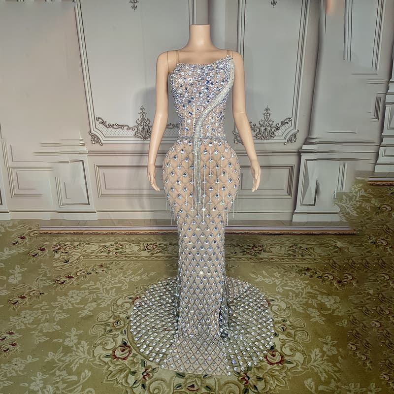 In Stock Graduation Dress Amazon Hot Selling Sparkling Diamond Strapless Sleeveless Backless Sexy Elegant Mermaid Luxury Rhinestone