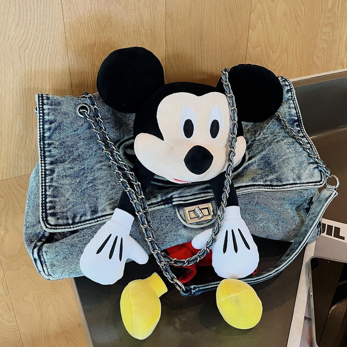 2024 Spring New Washed Denim Trendy Mickey Bag Viral Vacation Bag Chain Hobo Bag Shoulder Underarm Bag