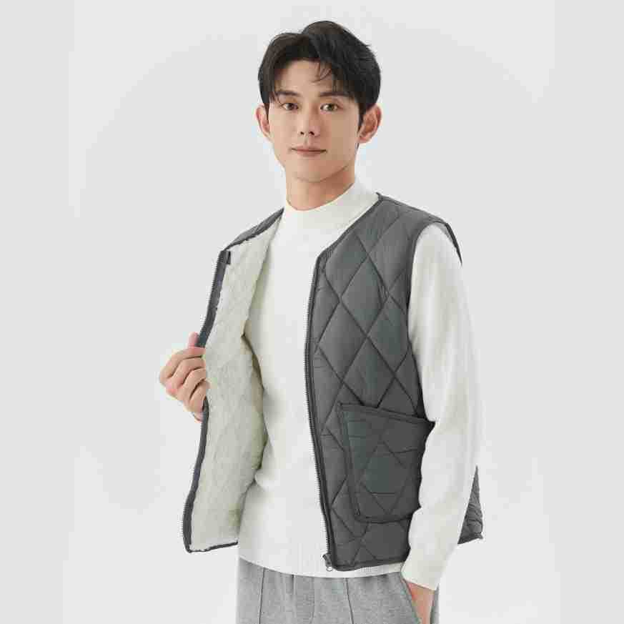 Men's New Autumn and Winter Fleece-Lined Warm Zippered Oversized Vest, Outerwear with Pockets, Diamond Pattern Short Vest 2402