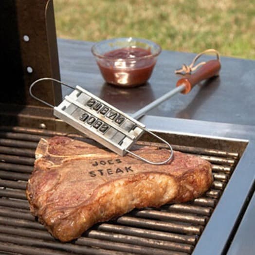 Branding iron for BBQ, grilled meat, and English letters.