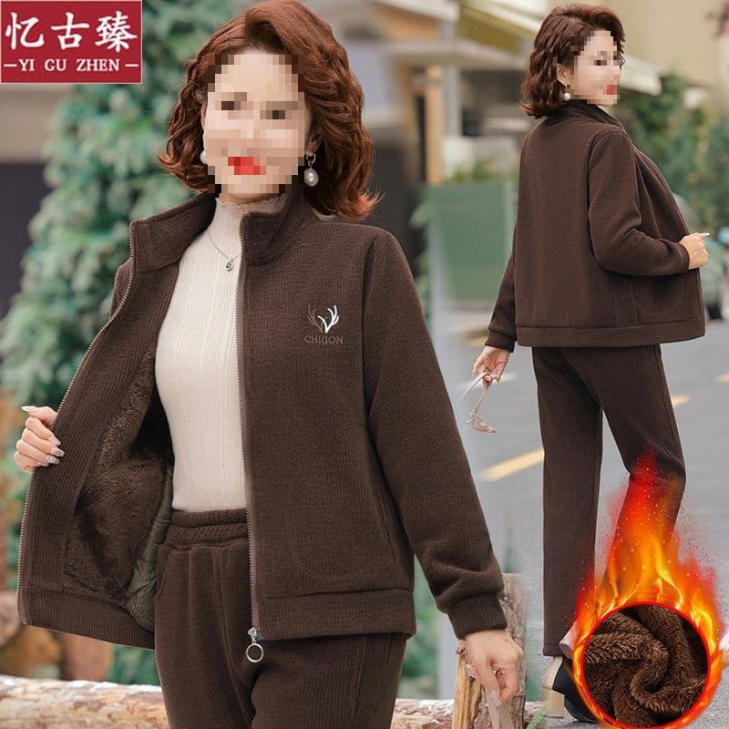 Winter Fleece-Lined Thermal Sportswear Set for Women, New Plus Size Jacket for Middle-Aged and Elderly