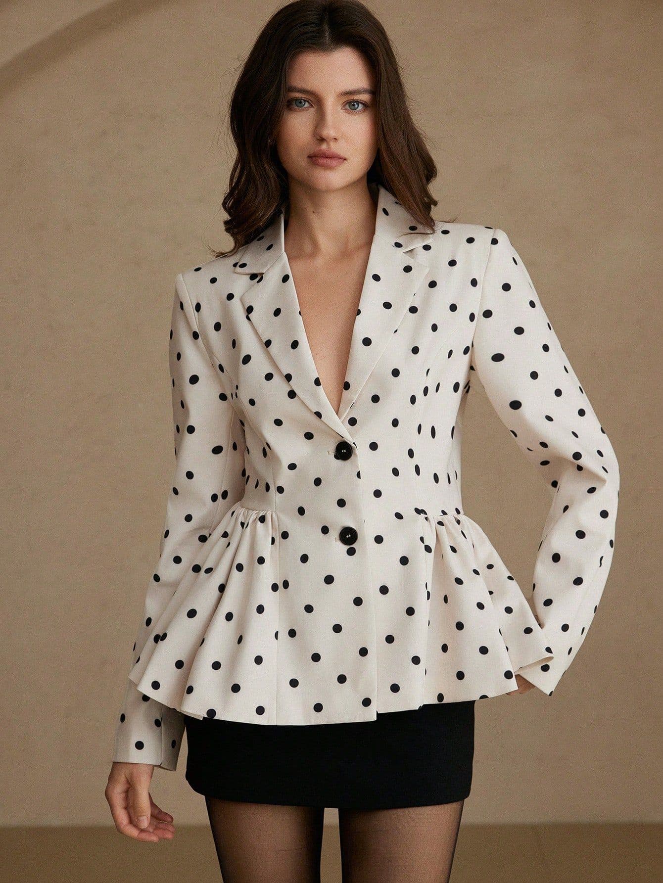 Cross-border Women's Polka Dot Print Blazer with Waist-cinching Flared Hem, Notched Lapel, Long Sleeve, Elegant Women's Suit Jacket