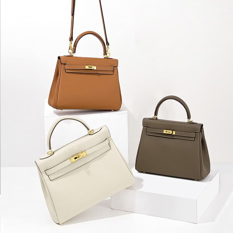 New Lychee Pattern Top Layer Cowhide Women's Bag High-End Kelly Bag Luxury Handbag Genuine Leather Women's Bag Crossbody Shoulder Bag