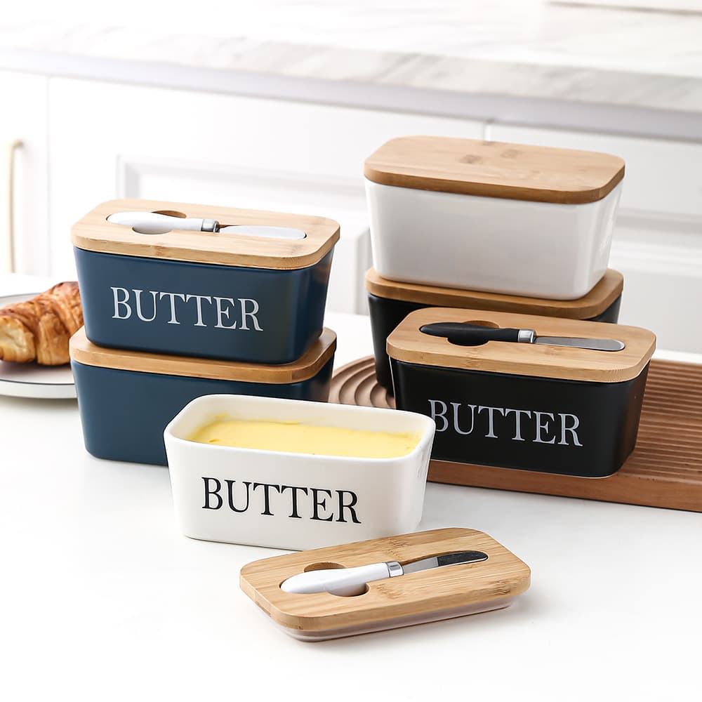 Rectangular Ceramic Butter Dish with Bamboo Lid and Knife, Western-Style Household Cheese Container, Cross-Border Amazon