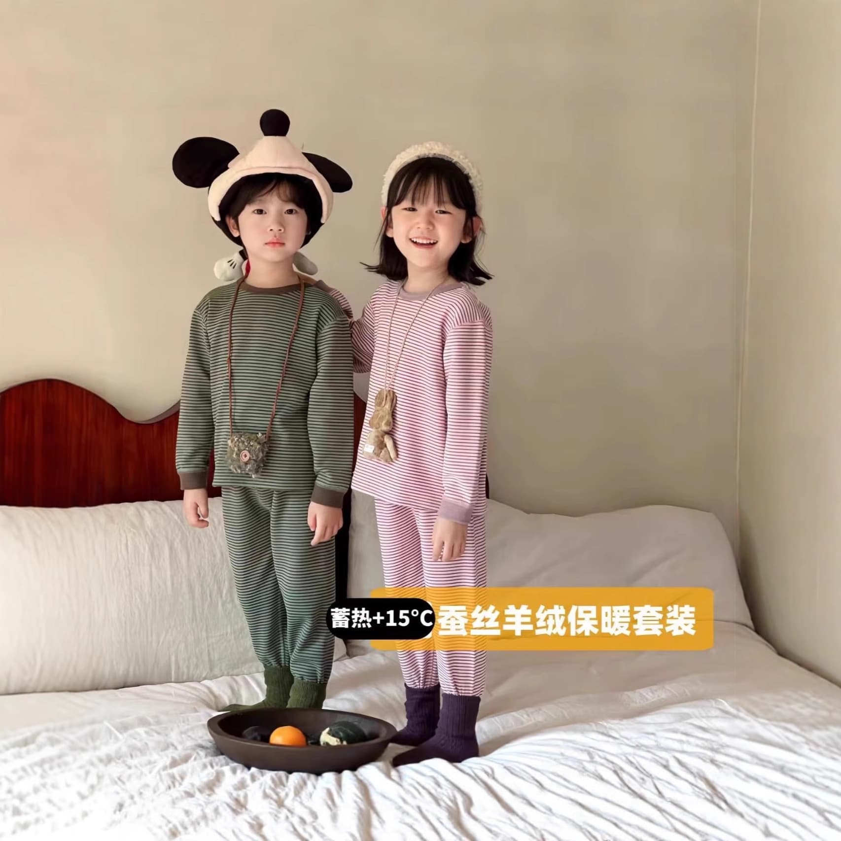 7A Antibacterial Wool Silk Warm Set Autumn Winter Retro Style Children Homewear