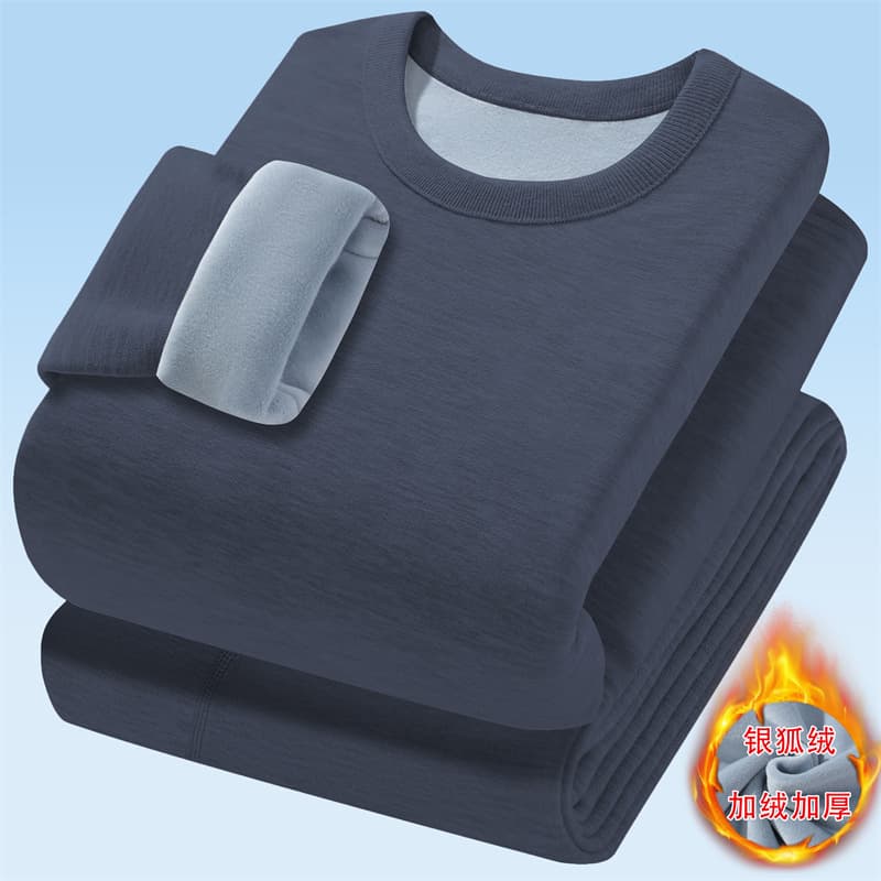 New winter men's round neck thermal underwear set for middle-aged and elderly men, plus size, solid color, thick and fleece-lined.