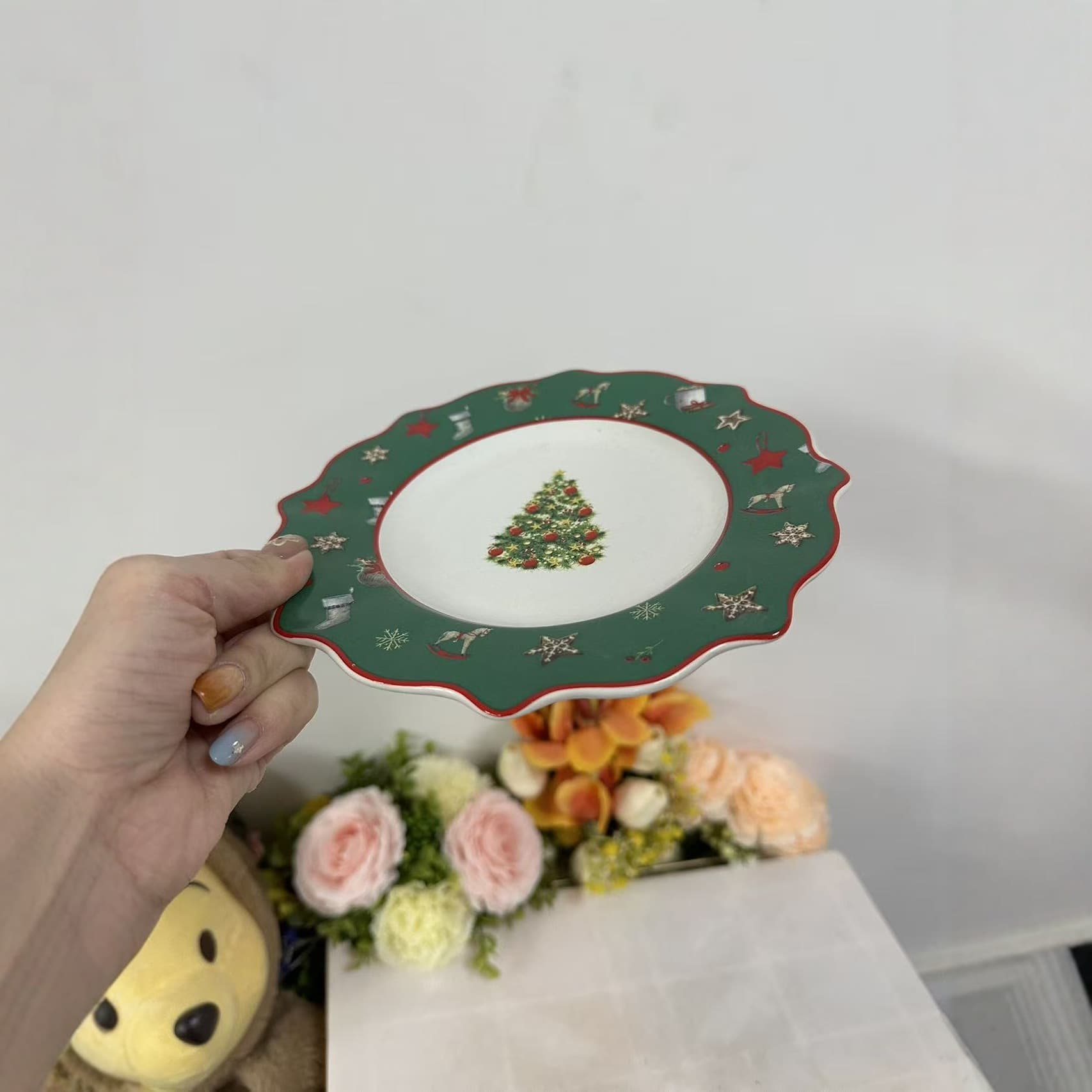 Foreign trade ceramic Christmas tree tableware Christmas lace flat plate dinner plate cake cute exquisite plate underglaze color plate