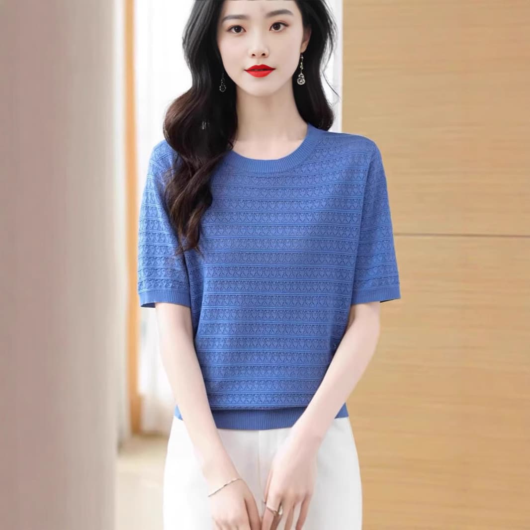 Women's Mulberry Silk Top 2025 New Hollow Breathable Ice Silk Knitwear Round Neck Thin Loose Short Sleeve T-Shirt