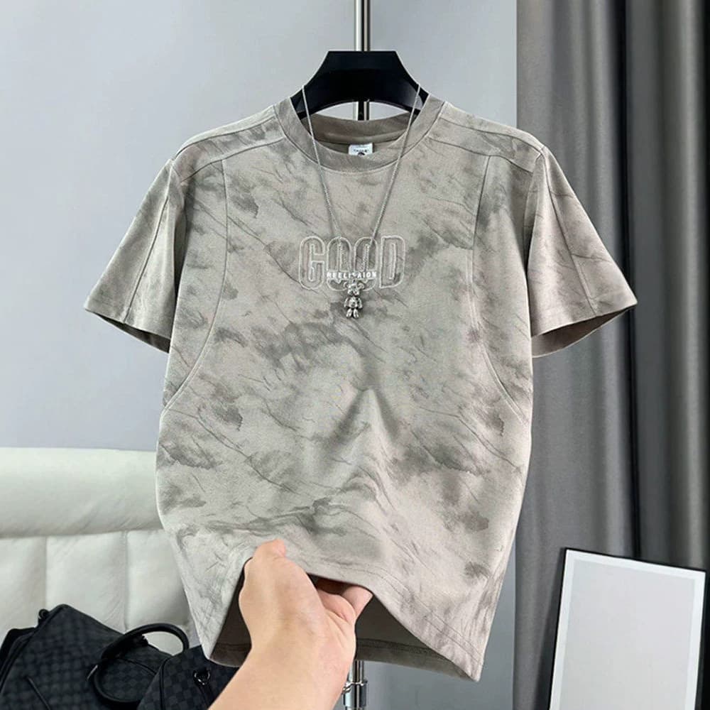 Summer Fashion Light Luxury Tie-Dye Letter Embroidery Short Sleeve T-Shirt for Men, Simple Patchwork Cool Versatile Round Neck Half Sleeve