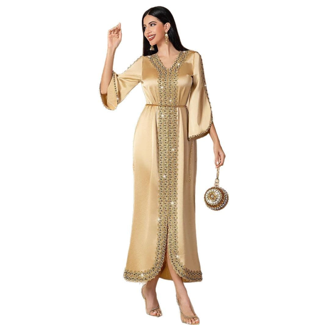BA5154 New Champagne Color Lace Patchwork Hand-Beaded Women's Robe Evening Dress