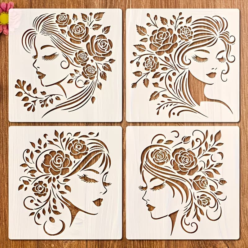 Cross-Border Four-Piece Elegant Rose Girl Silhouette Template Plastic Floral Art Stencil for Wood, Fabric, and Canvas Projects