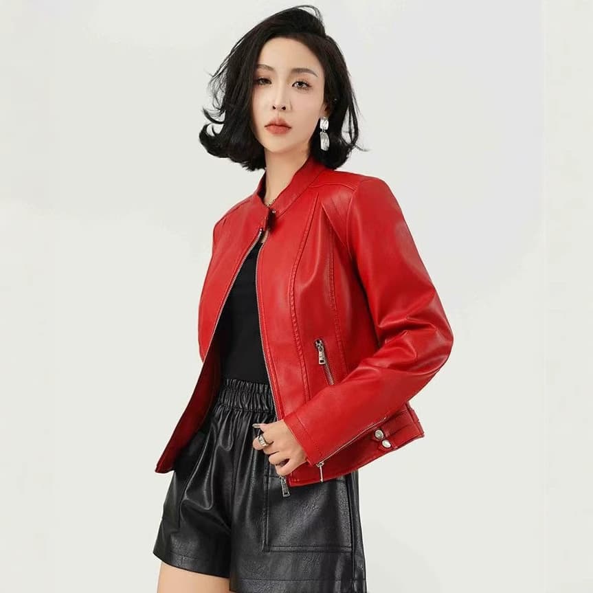 Spring/Autumn Motorcycle Leather Jacket for Women, Regular Fit, Versatile, Slim High-Waist, Korean Stand Collar Leather Jacket, Women's Outerwear, Ins Style