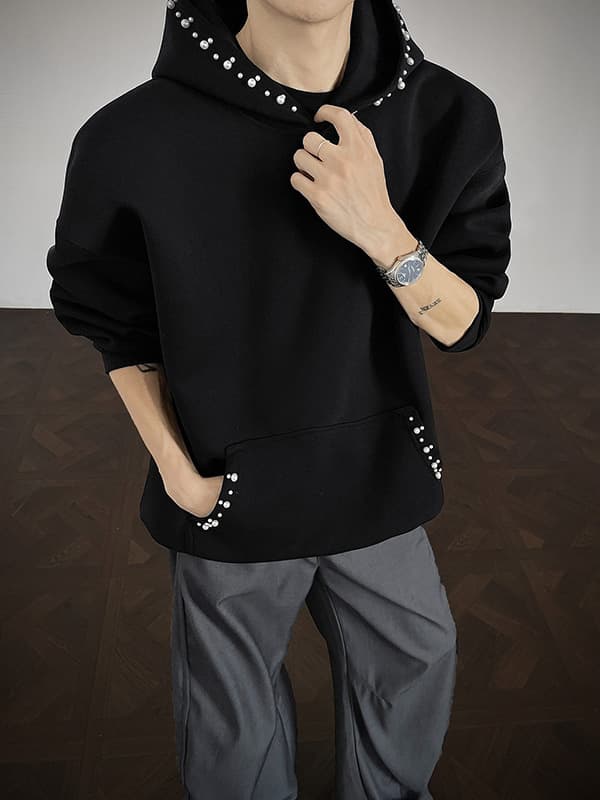 Xiaoxiangfeng knitted beaded hooded sweatshirt men's winter 500g heavy shoulder jacket niche design top