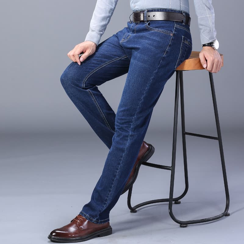 Men's stretch denim high-waisted zipper loose-fitting middle-aged men's trousers, stretchy and comfortable business straight leg trousers. Drop shipping available.