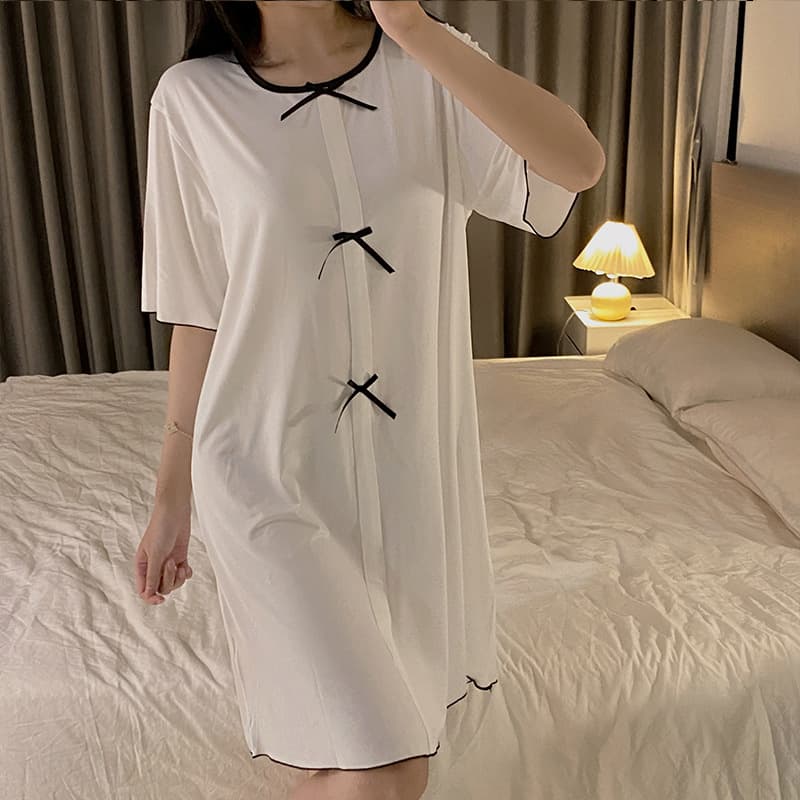 Women's Summer Short-Sleeve Thin Sleepwear Dress, Casual Mid-Length, Sweet and Cute with Bow, Can Be Worn Outside