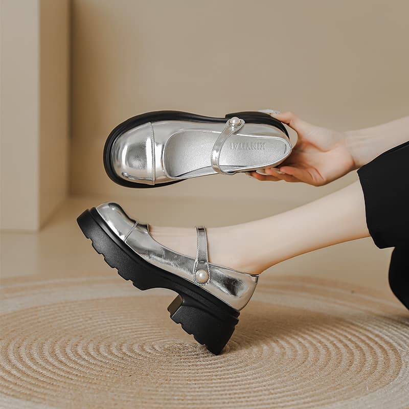 Silver Mary Jane Shoes for Women, Pearl One-Strap Thick Sole Shallow Mouth Women's Shoes, Little Chanel Style Round Toe Chunky Heel JK Shoes
