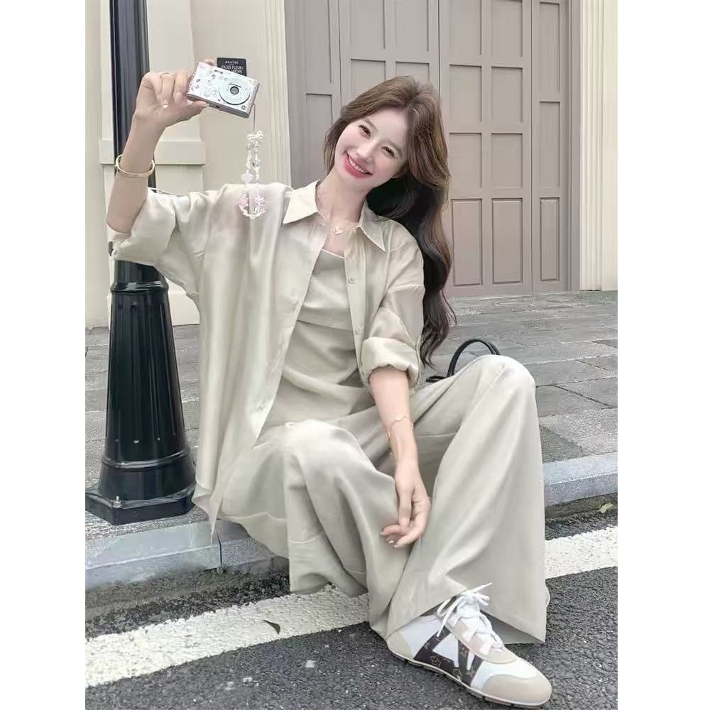 Light Luxury Sun Protection Shirt, Camisole, and Wide-Leg Pants Set for Women: Spring/Summer 2026 New Slimming Three-Piece Set