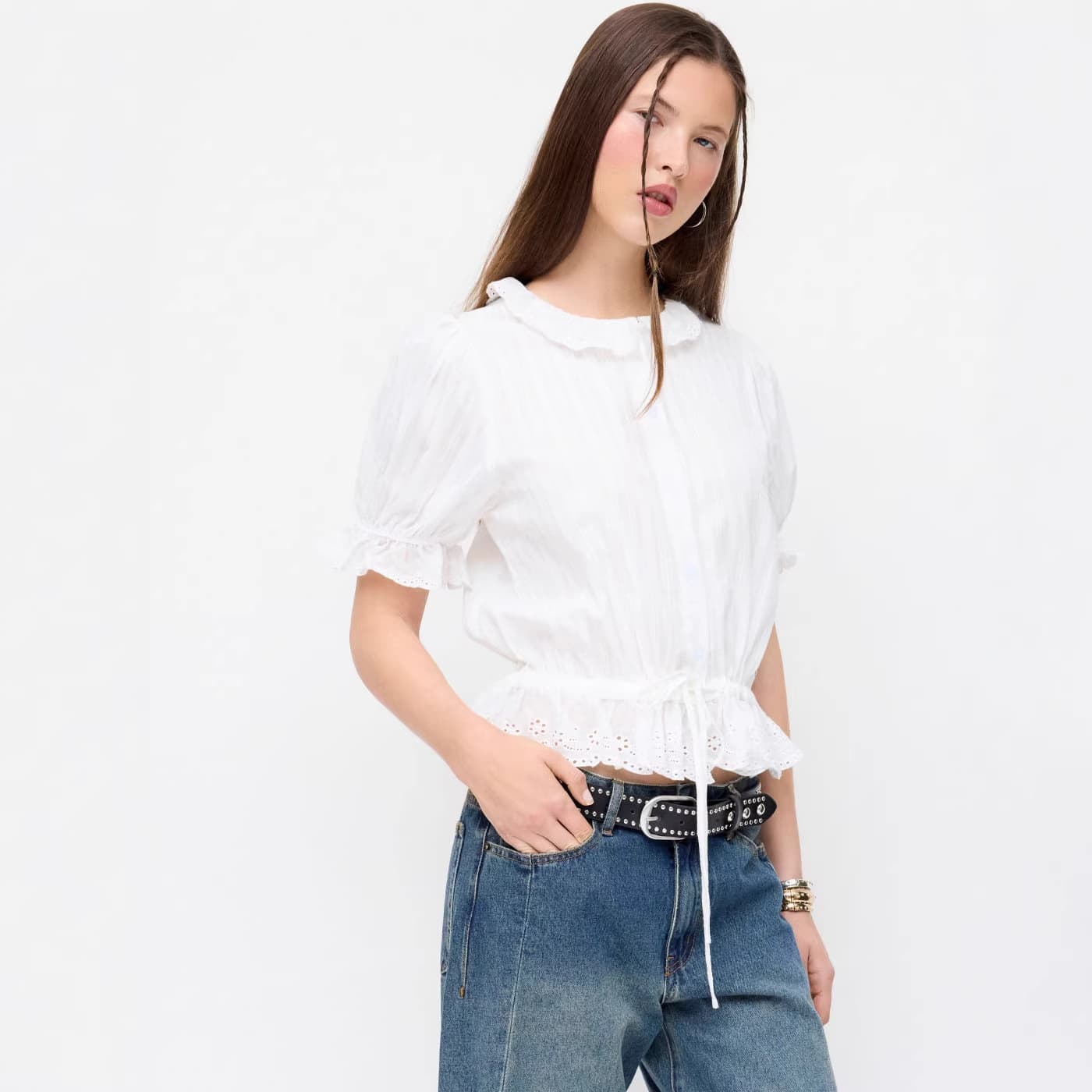 Cross-border Amazon European and American white lace-up ruffled short sleeve blouse for women, loose babydoll collar sweet top