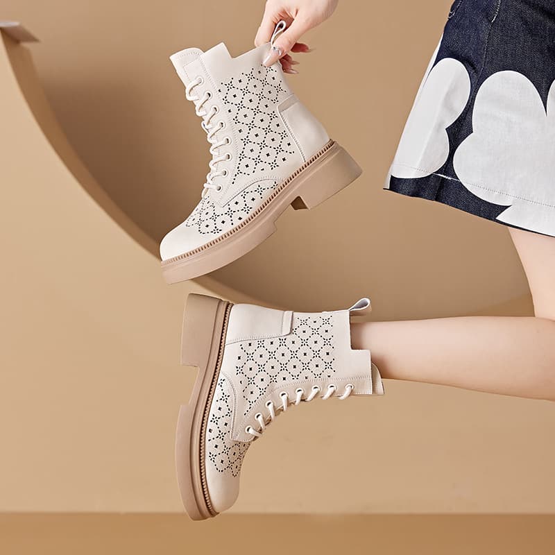 2026 Spring New Small Size Cutout Martin Boots Women Thick Sole Height Increasing Leather Boots Lace-up Casual Women Shoes