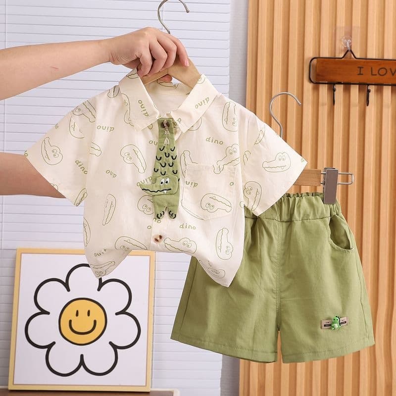 Boys' Summer Short Sleeve Set New Children's Summer Thin Shirt Baby Boy Stylish Short Sleeve Clothes Two-Piece Set