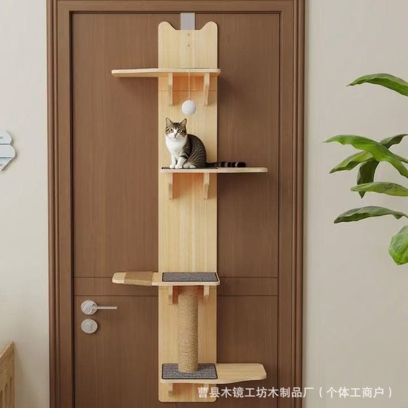 Door-Hanging Cat Tree with Cat House and Perch, Space-Saving Small Solid Wood Cat Climbing Frame, Wall-Mounted No Drilling Required