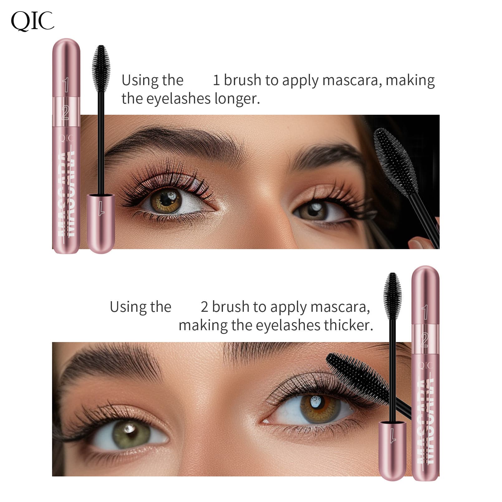 QIC Cross-border Bestseller Mascara Waterproof Sweatproof Volumizing Lengthening Non-smudge 2-in-1 Mascara Wholesale
