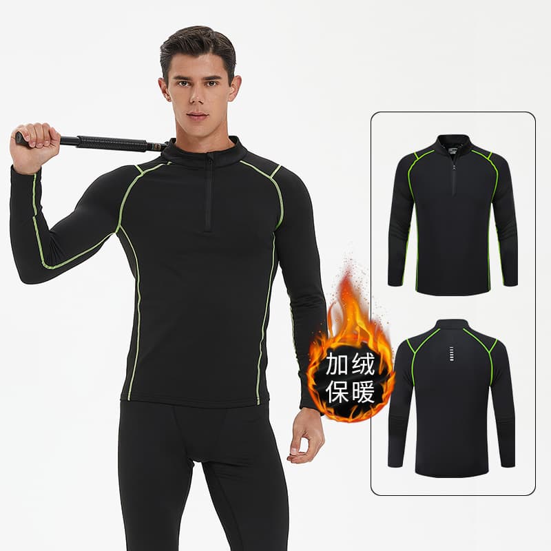Men's autumn and winter fleece-lined tight-fitting gym suit, quick-drying running training shirt, stretchy long-sleeved sportswear set.