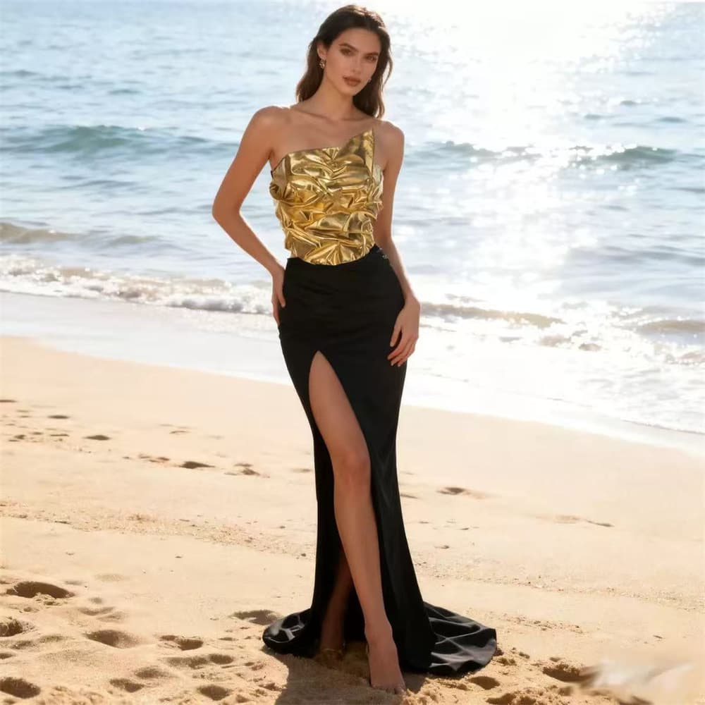 2026 New Fashion Gold Irregular Strapless Sleeveless Backless Tight Long Bodycon Dress for Women
