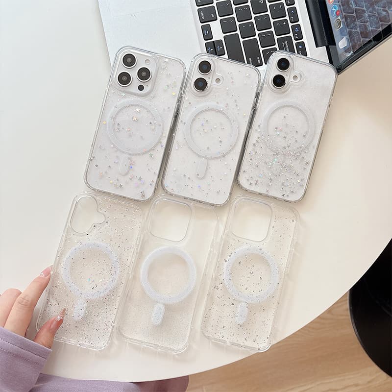 Compatible with Apple 16 Pro Max Transparent Glitter Star 17 Sequins Magnetic Phone Case iPhone 15 Resin Gel Soft Case