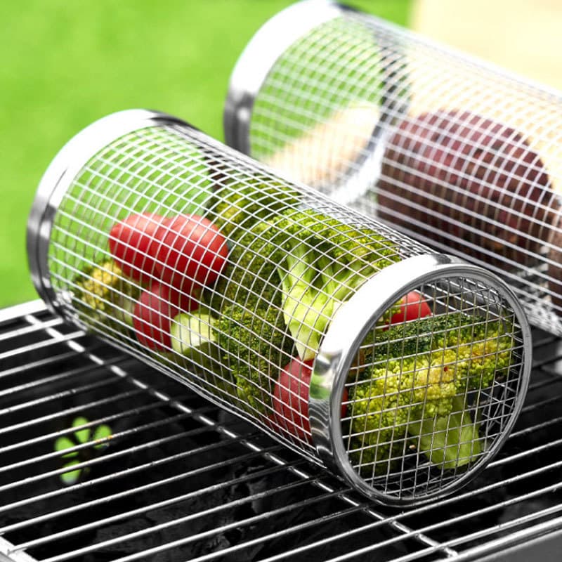 304 Stainless Steel BBQ Grill Basket Round Grilling Cage Outdoor BBQ Smoker Cage Portable Grilling Net Rotating