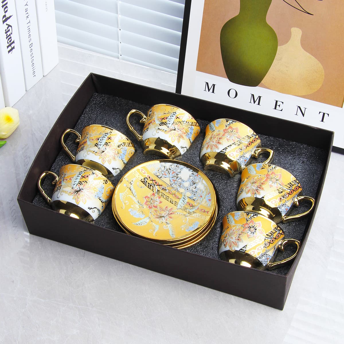 Cross-border European-style ceramic coffee set with electroplated cups and saucers, afternoon tea cup and saucer set, dessert cup set, gold-plated European style