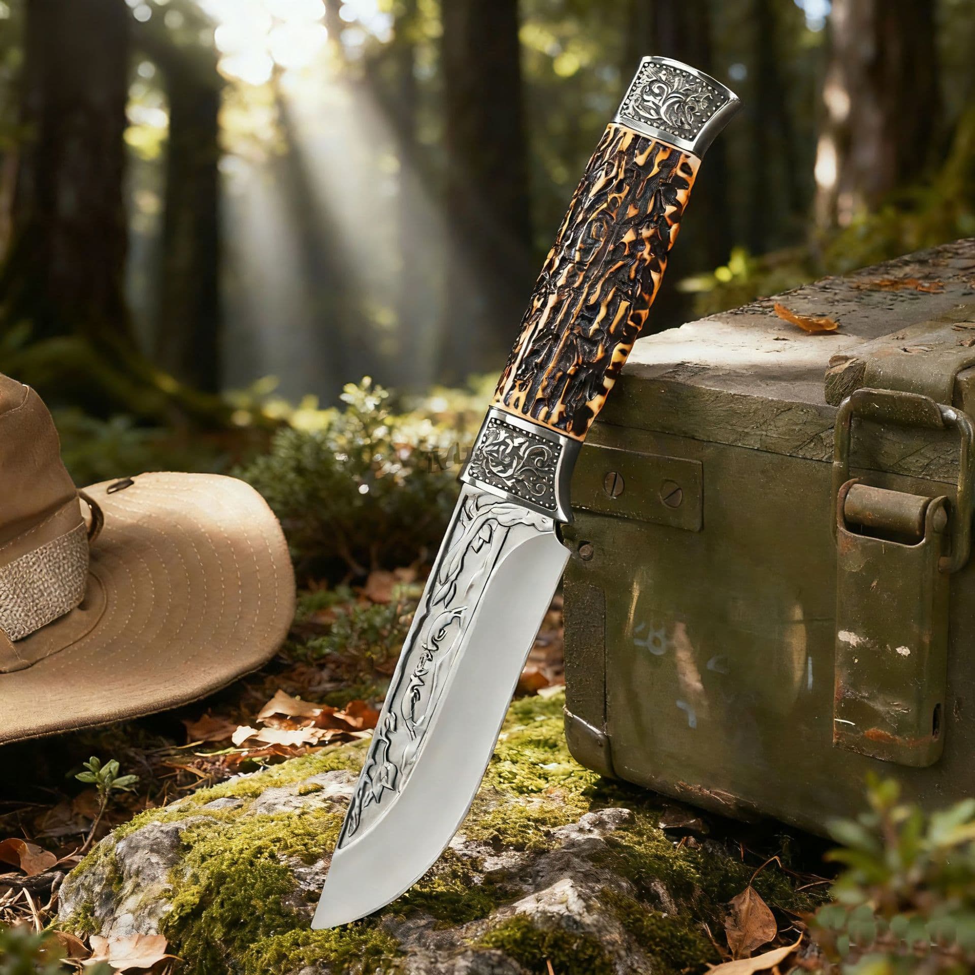 Outdoor Camping Hunting Knife Portable Sharp Handle Meat Knife Double Steel Head Imitation Deer Bone Multifunctional All-In-One Small Straight Knife