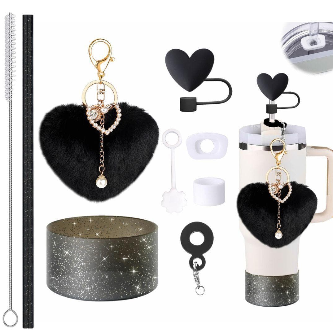 stanley cup accessories silicone love straw cap straw brush love plush ball pearl pendant cup chain straw
