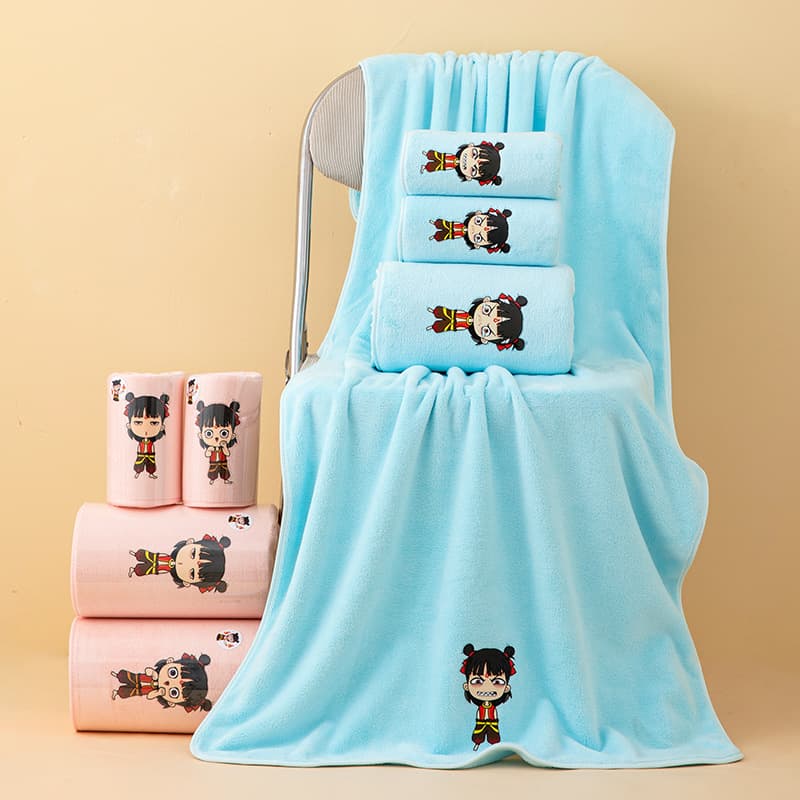 2025 New Ins Embroidered Coral Fleece Thick Edged Nezha Antibacterial Towel and Bath Towel Set, Quick-dry Towel