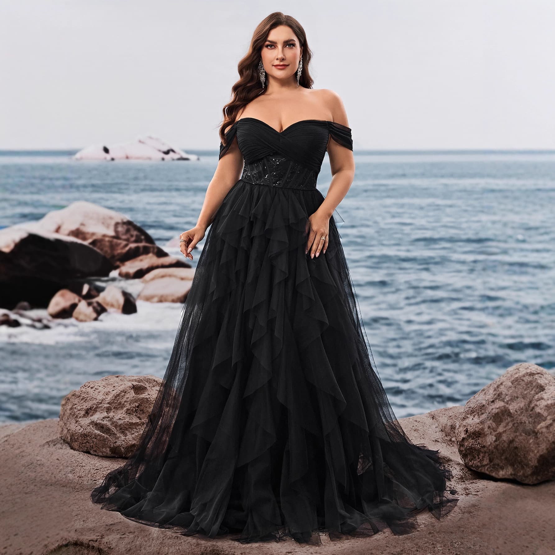 European-American Plus Size Dress, Elegant Off-Shoulder Cocktail Party Evening Gown, Luxurious Bridesmaid Graduation Dress Cake Skirt