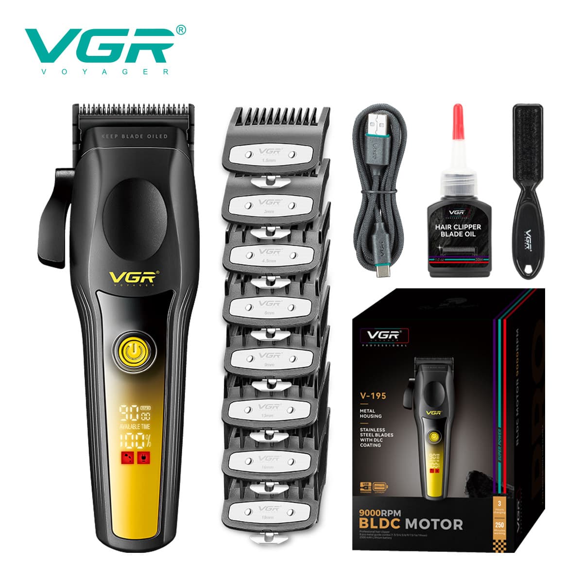 VGR195 cross-border electric metal hair clipper oil head professional high-speed brushless motor 9000RPM digital display clipper