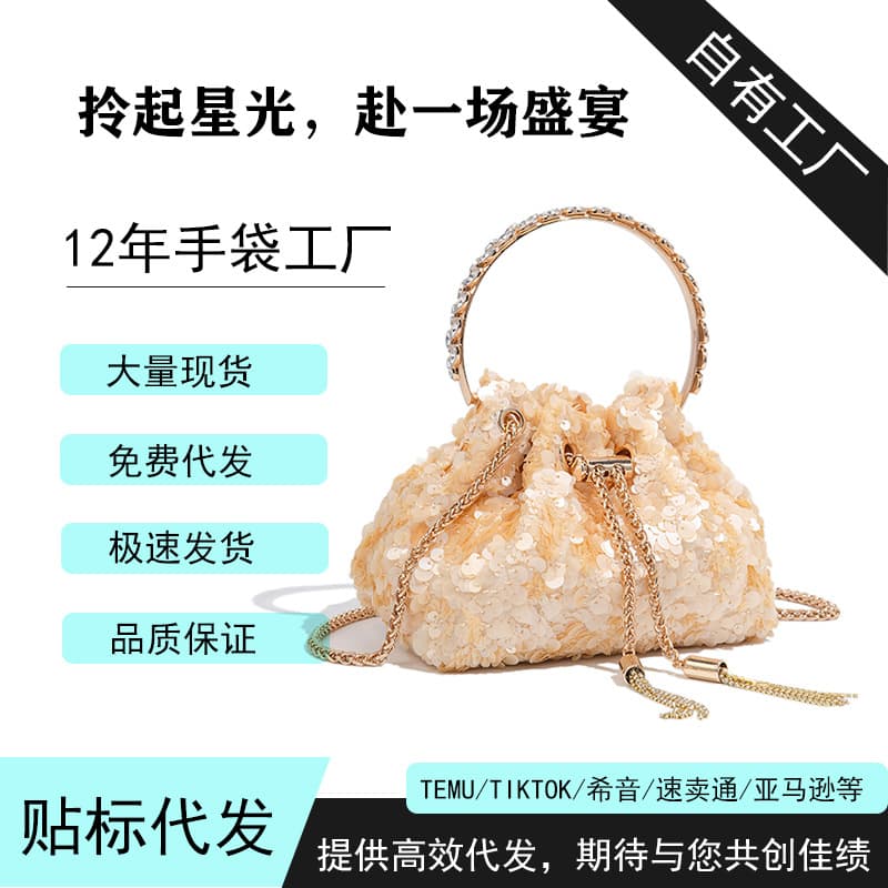 Cross-border women's bag European and American new metal handle ring handle handbag sequin shiny shoulder cross chain small bag