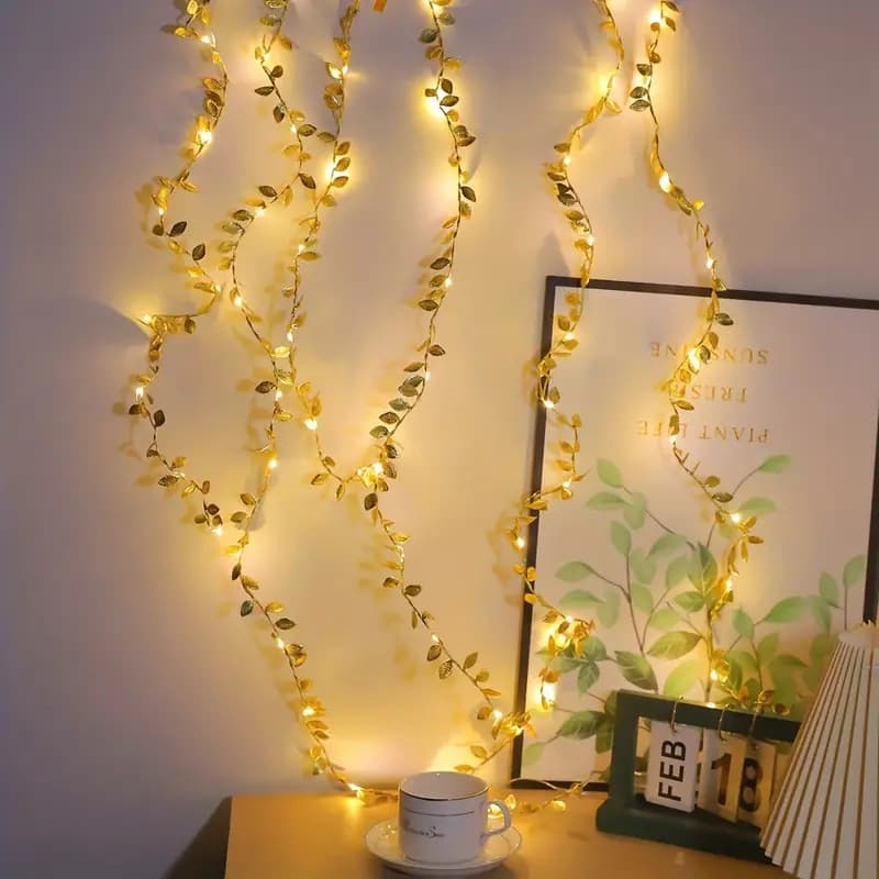 Cross-border Christmas decoration DIY ribbon string lights, wedding and New Year hanging gold leaf vine LED string lights wholesale