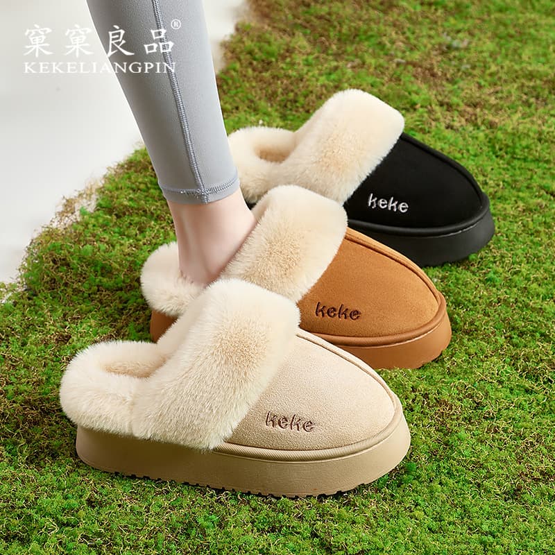 Keke Winter Fleece Lined Thick Sole Cotton Slippers Thick Sole Anti-slip Warm Outdoor Wear Home Slippers Indoor Home Cotton Slippers