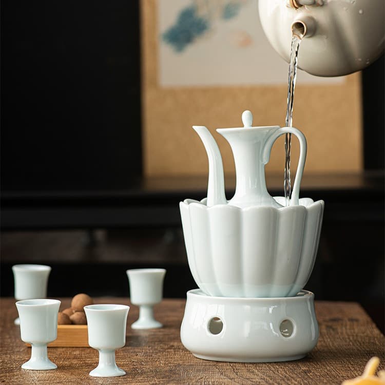 Ceramic Warmer Set - Antique-style home kit with Song Dynasty-inspired cups for heating rice wine.