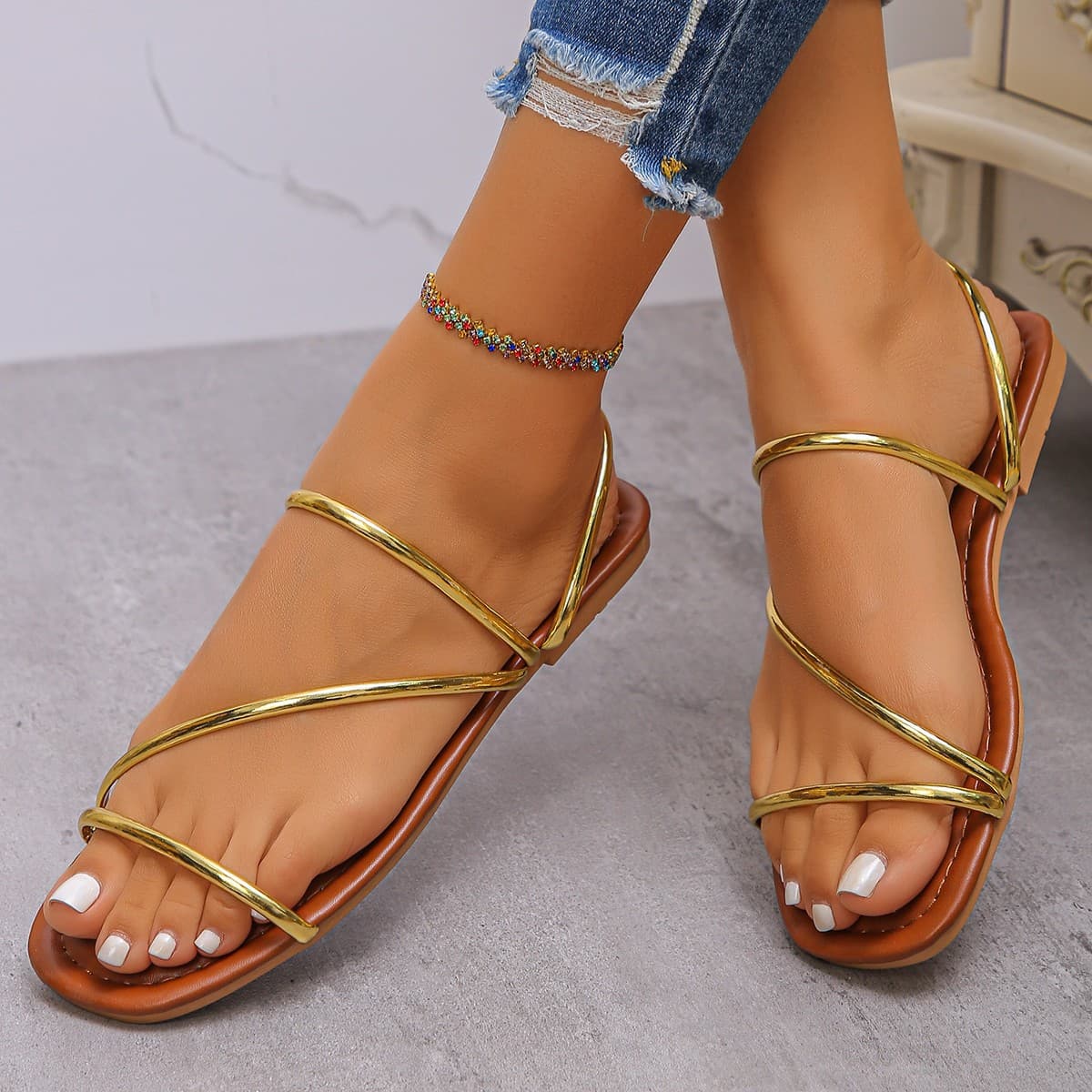 Cross-border Supply European and American Style One-Strap Brown Square Toe Women's Sandals Fashion Factory Direct 2025 New Arrival